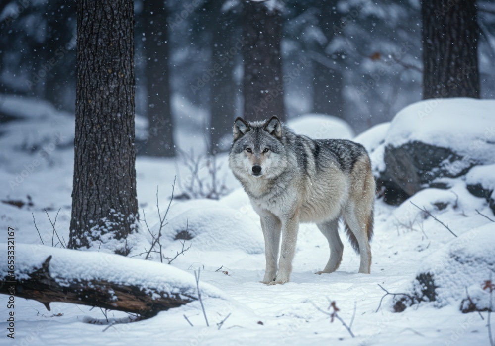 Fototapeta premium Gray wolf standing in the snowy forest during winter season