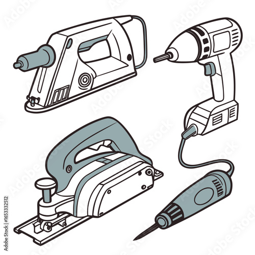 Illustrations of woodworking power tools including electric planer drill and rotary tool for carpentry work