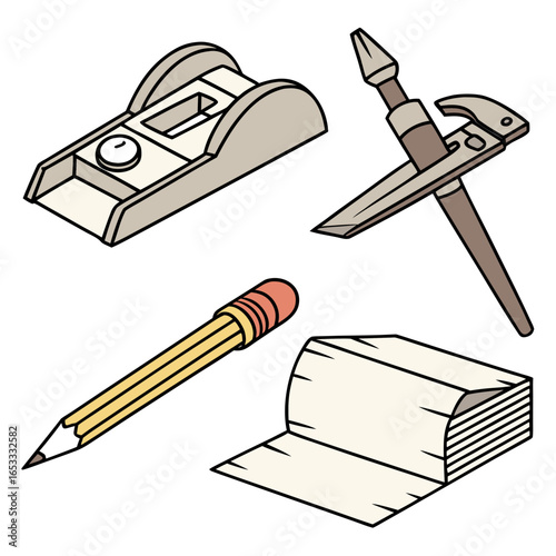 Illustration of woodworking tools including a hand plane, awl, pencil, and stack of paper for crafts