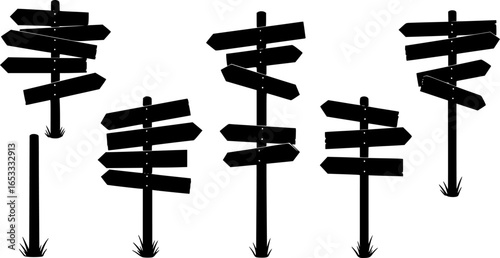 set of direction arrow wooden road sign board silhouette, black and white silhouette, vector and illustration
