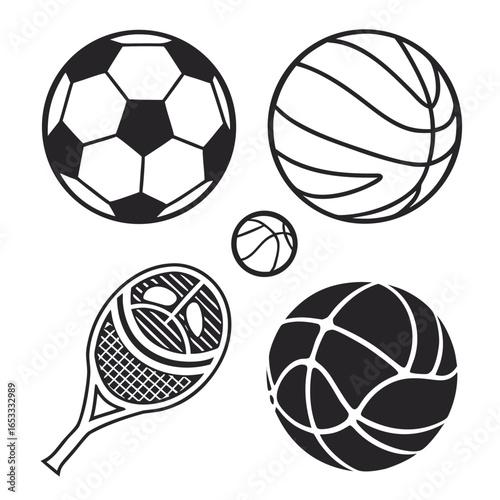 Sports equipment vector illustration featuring soccer ball basketball tennis racquet and volleyball design element