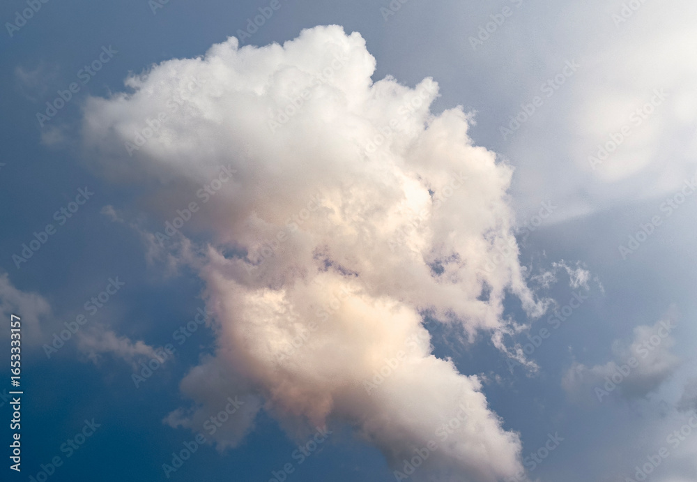 Obraz premium Cloud drifts across blue sky. Fluffy white cumulus pattern forms abstract natural atmosphere, scenic