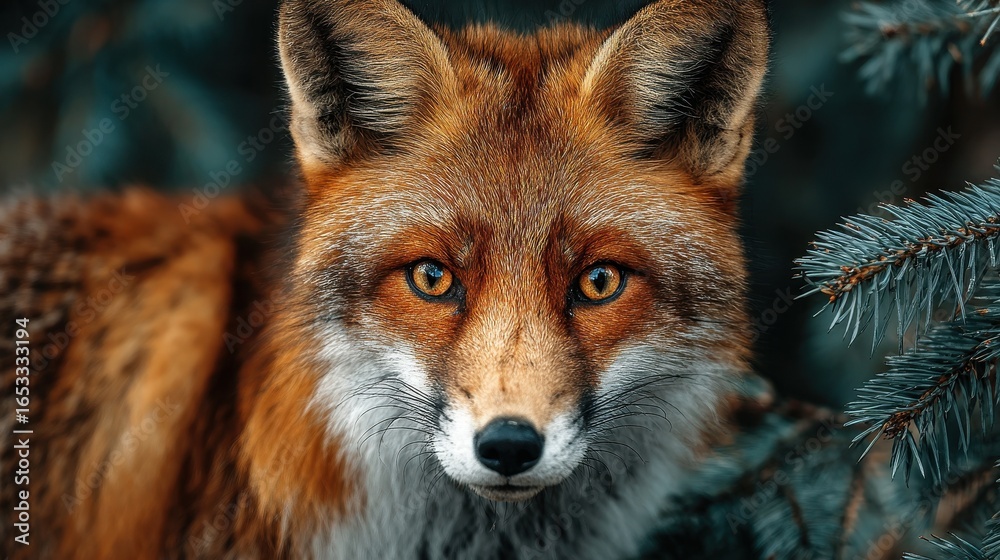 Fototapeta premium Close up portrait of a red fox standing among evergreen branches in a forest during winter