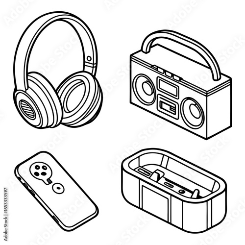Isometric vector illustration of wireless headphones boombox phone and charging dock audio technology gadgets