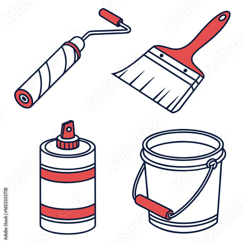 Painting tools and equipment for home improvement projects paint brush roller spray can and bucket vector art