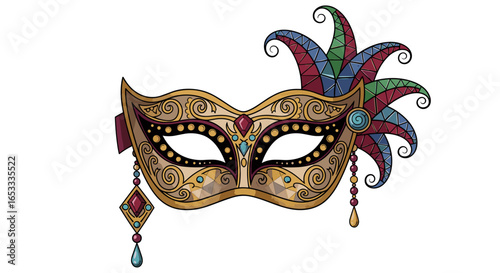 Illustration of an ornate carnival mask with feathers and embellishments