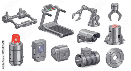 Isometric view of various industrial and technological components shown