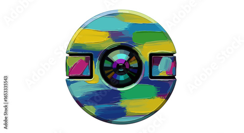 A colorful fidget spinner with a circular center and oval shaped body