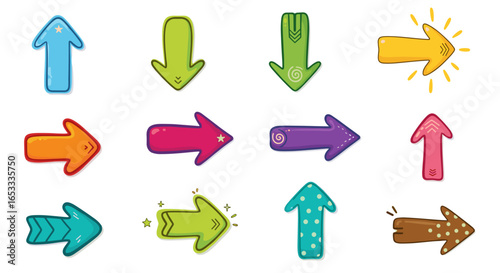 Collection of twelve colorful cartoon arrows pointing in different ways