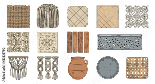 Collection of woven textures knitted patterns and various home decor items