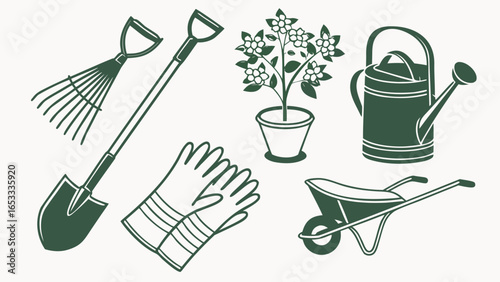 Illustration of gardening tools including a rake shovel gloves plant watering can and wheelbarrow