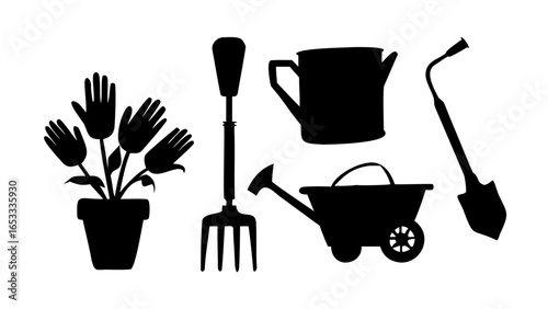 Silhouette of gardening tools including a planter, fork, watering cans and a shovel in black