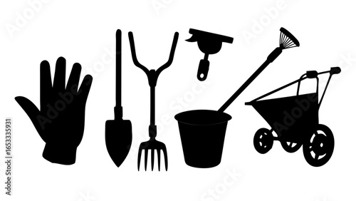 Silhouette of gardening tools including gloves, shovel, rake, and wheelbarrow in black and white