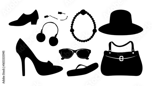 Silhouette illustration of fashion accessories including shoes jewelry bag and sunglasses on white