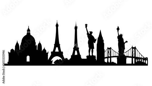 Black silhouette of famous landmarks including eiffel tower and statue of liberty cityscape design