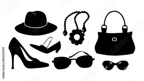 Silhouette illustration of a hat, high heel shoes, purse, sunglasses and a necklace in black