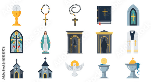 Illustration depicting various christian religious symbols and objects