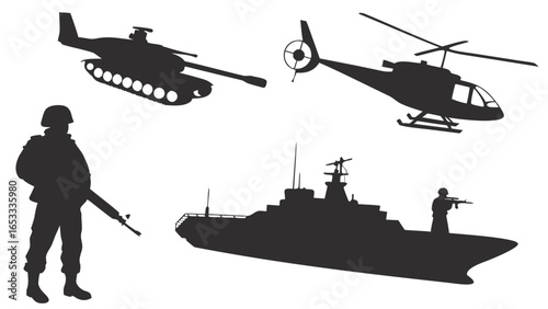 Silhouette depiction of military assets including tank helicopter ship and armed soldiers in formation