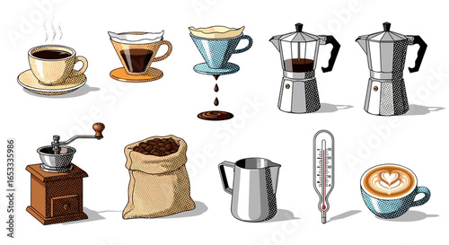 Illustration of various coffee preparation tools and accessories set