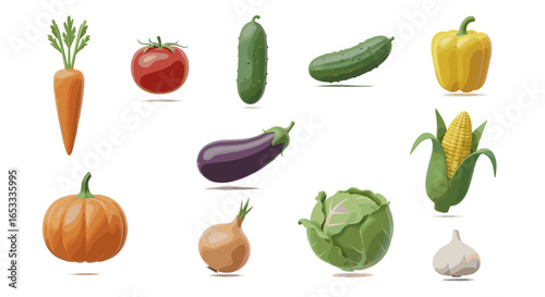 Illustration of various fresh vegetables including carrot and tomato