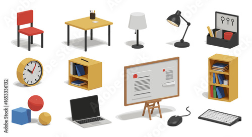 Isometric view of office furniture including desk chair and computer
