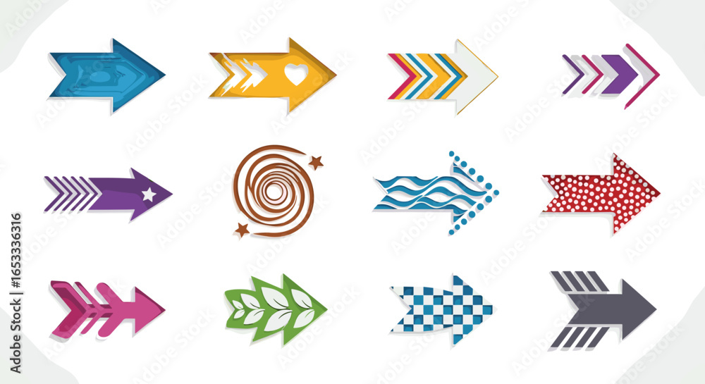 Fototapeta premium Collection of stylized arrows and a spiral design arranged on white background