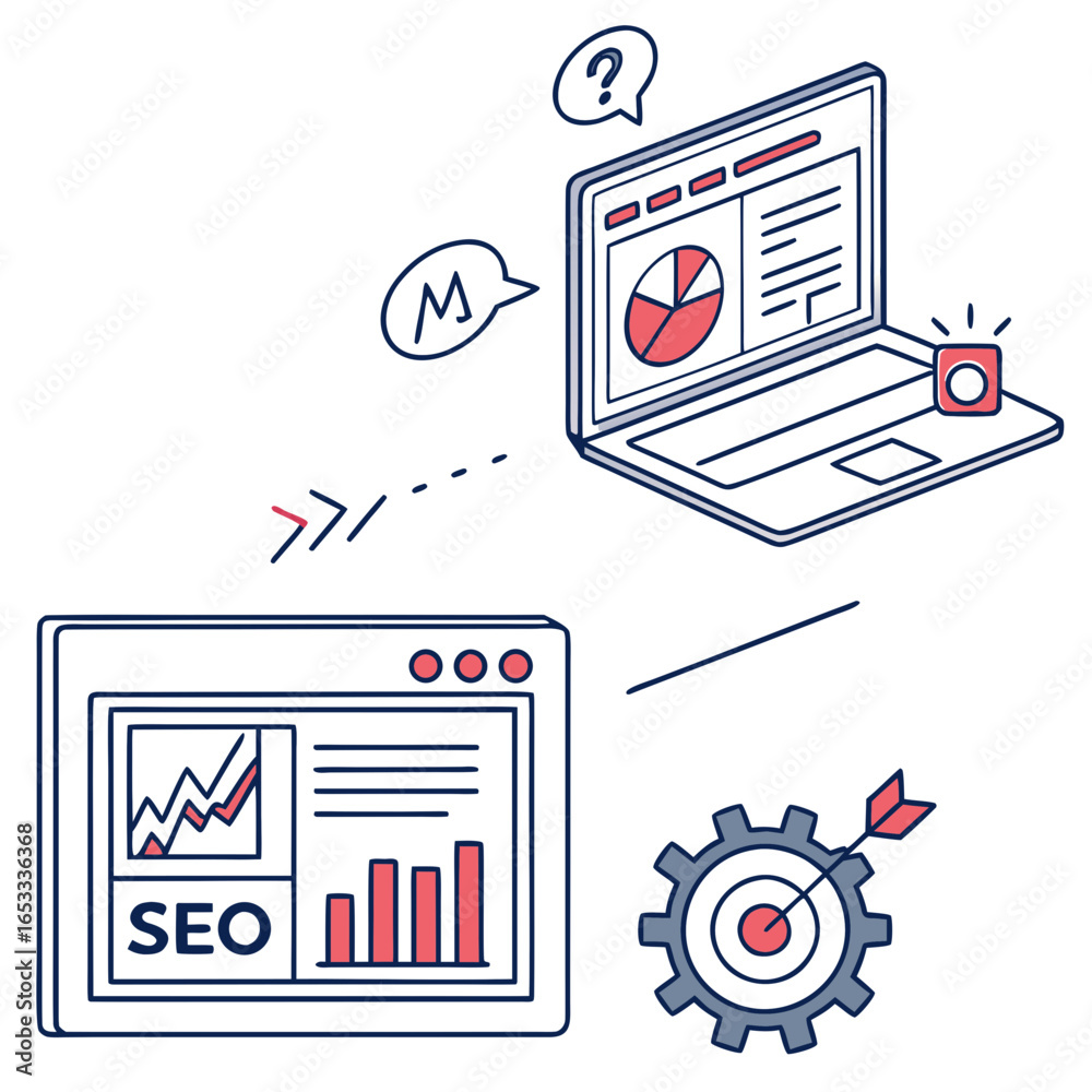 Obraz premium Seo strategy optimization and analytics for website ranking and content marketing on laptop and browser