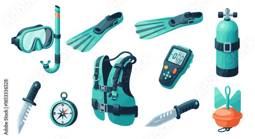Illustration of scuba diving equipment including mask fins and tank gear