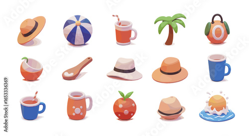 Collection of summer themed items including hats drinks and a palm tree