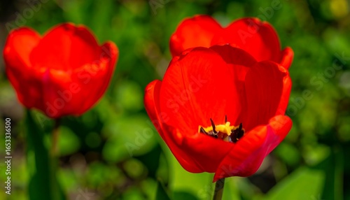 Close-up of vibrant red tulips in a garden setting