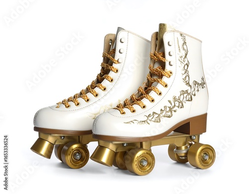 Pair of white roller skates with gold accents and floral embroidery