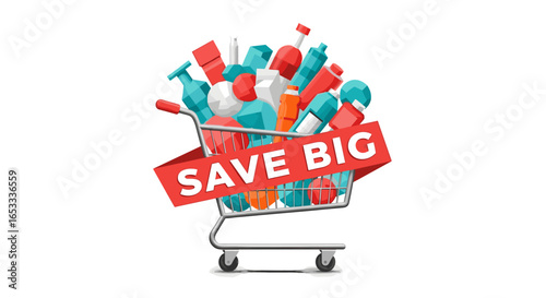 Shopping cart filled with various products and a save big banner on it