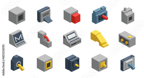 Isometric illustration of various electrical switches and control panels