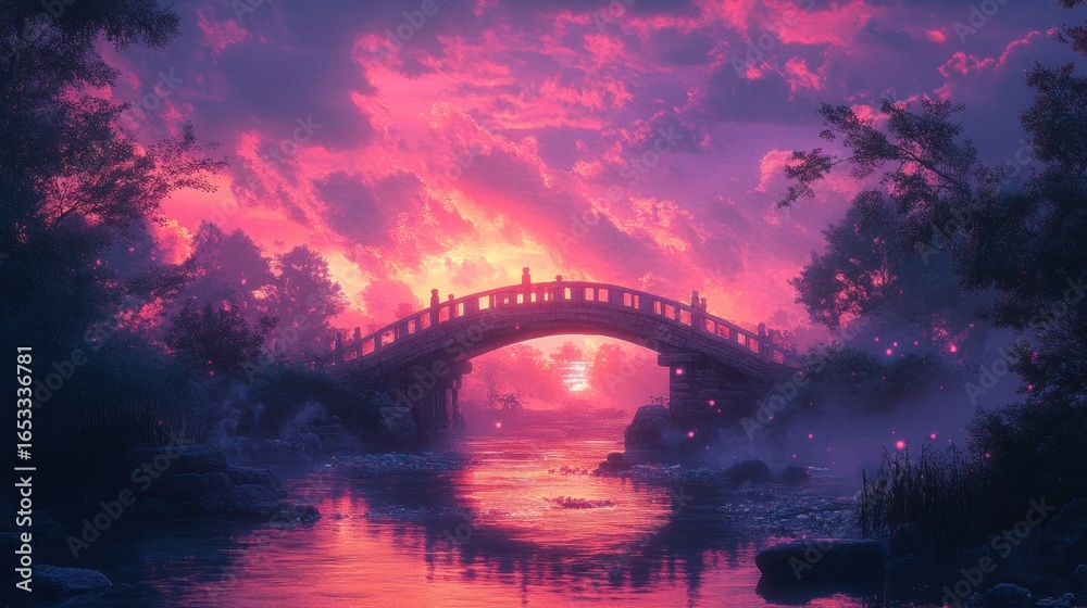 Obraz premium Digital bridge over synthwave river