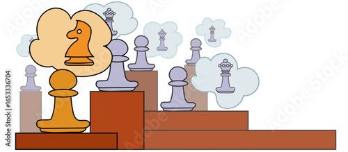 Chess pawns standing on rectangular block pedestals, each dreaming of becoming a chess queen, except for the golden pawn dreaming of becoming a knight. Concept of being different and standing out. 