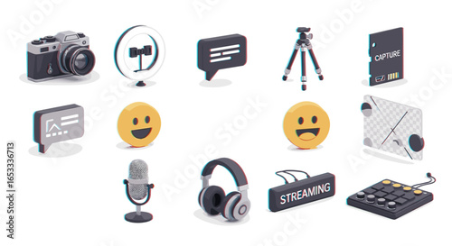 Isometric view of content creation and vlogging equipment arrangement