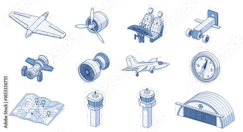 Isometric illustration of airplane components and airport facilities