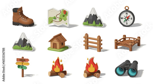 Collection of camping and hiking icons including boot map and campfire
