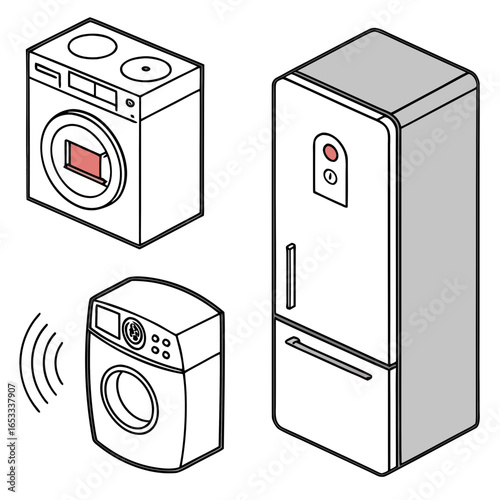 Isometric kitchen appliances: refrigerator, washing machine, and stove top appliance illustration 3d view
