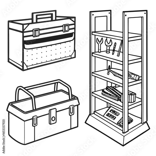 Illustration of toolbox and tool storage shelf for organizing tools and equipment in workshop or garage space