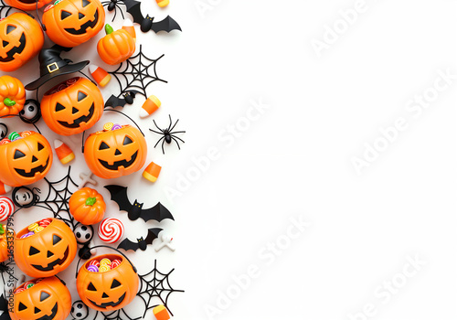 Festive Halloween border template with carved pumpkins, candy corn, spider webs and bats.