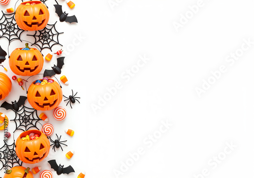 Halloween party invitation background with pumpkins, candy corn, spider webs and bats