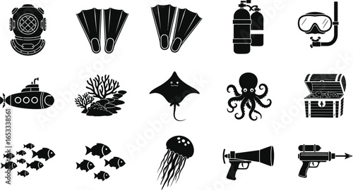 Diving equipment and marine life icons vector illustration