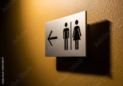 Silver restroom sign with male and female figures and an arrow pointing left on a textured wall