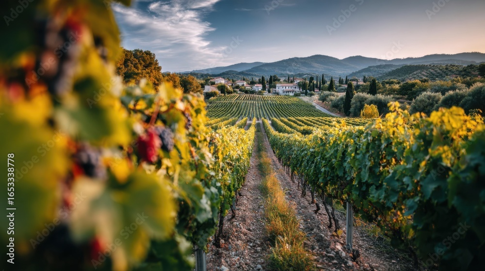 Naklejka premium Vignes luxuriantes et paysages vallonnés au crépuscule en Provence
