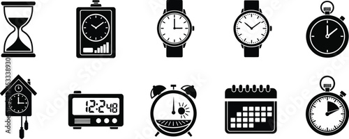 Various timekeeping devices clocks watches and calendar icons