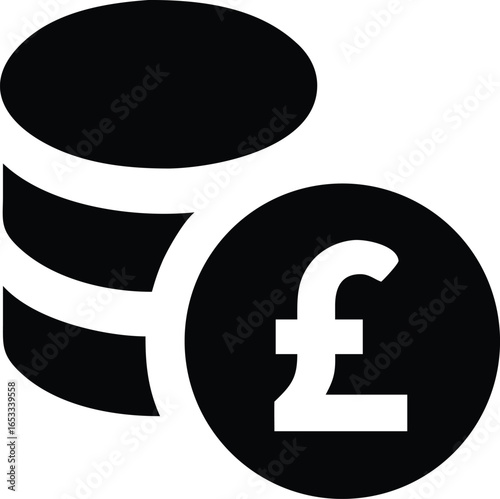 Black and white icon of a stack of coins with the pound sterling symbol on a white background