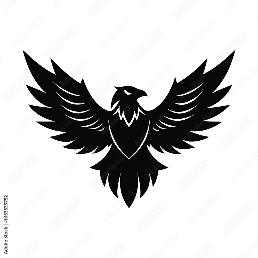 Fototapeta premium Black eagle silhouette with spread wings and detailed feathers