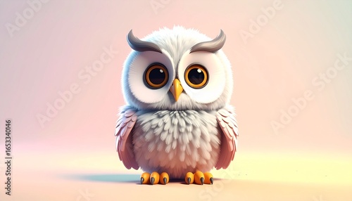 A charming, fluffy, cartoon-style owl with big, expressive eyes sits against a soft, gradient background.