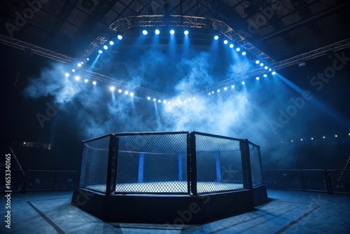 Empty mma octagon arena under dramatic blue spotlights and smoke